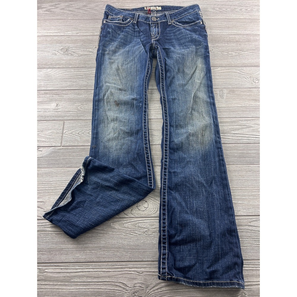 BKE Stella Flare Jeans Blue Dark Wash Low Rise Thick Stitch Stretch 30x33
